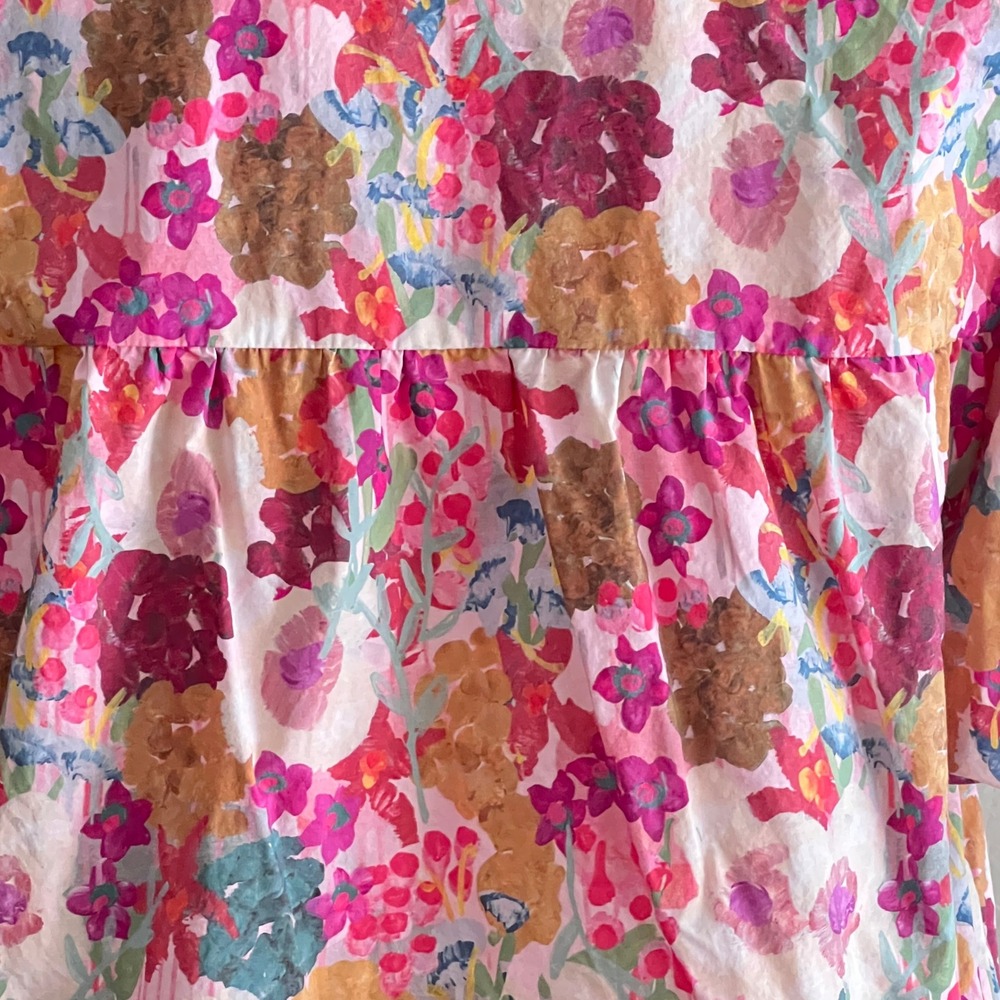 Floral Puff Sleeve Blouse Womens Large Pink Cotton Babydoll V-Neck Top Cottage - Picture 4 of 9